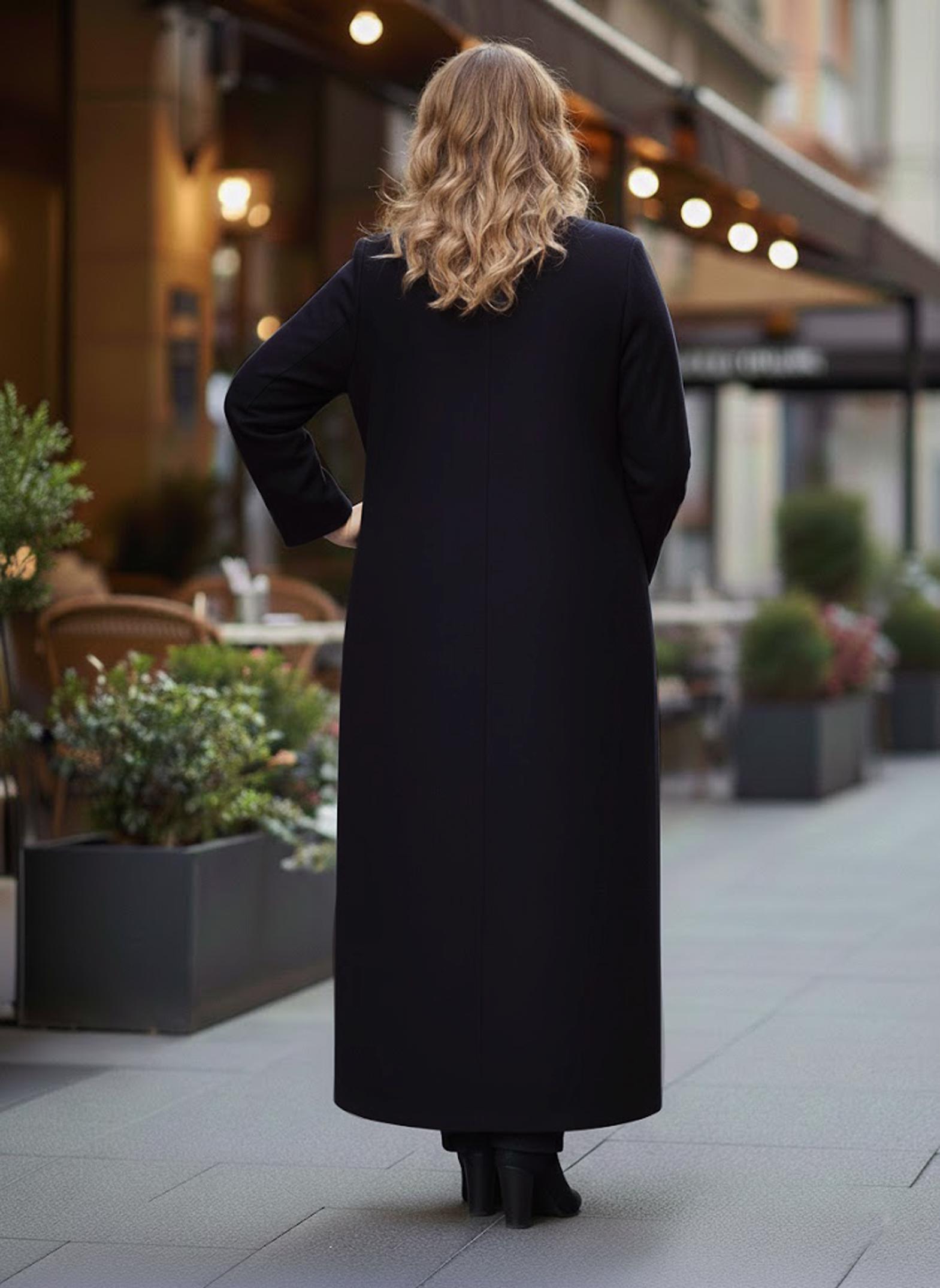 Tesettür giyim LACİVERT DERİ DETAYLI FERMUARLI MANTO 9410 