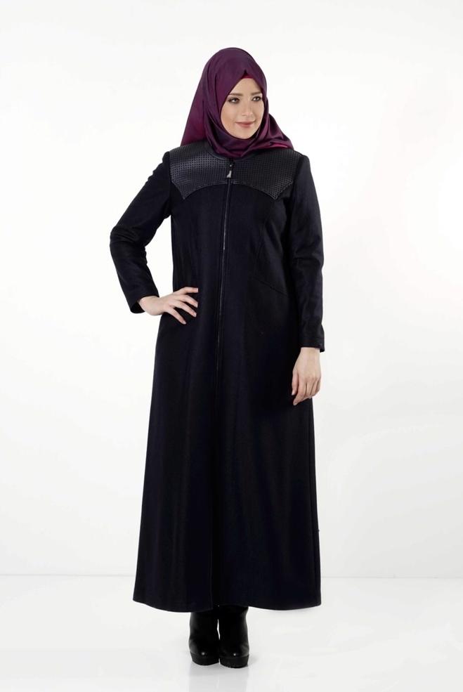 Hijab clothing NAVY BLUE LEATHER DETAIL ZIPPERED COAT 9410  - ALVİNA