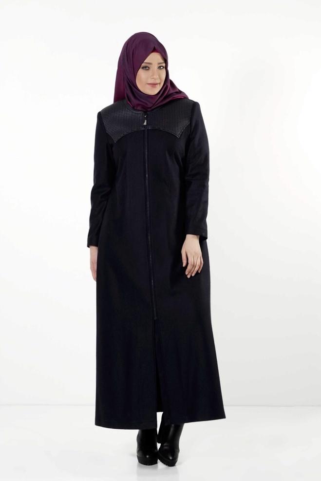 Hijab clothing NAVY BLUE LEATHER DETAIL ZIPPERED COAT 9410  - ALVİNA