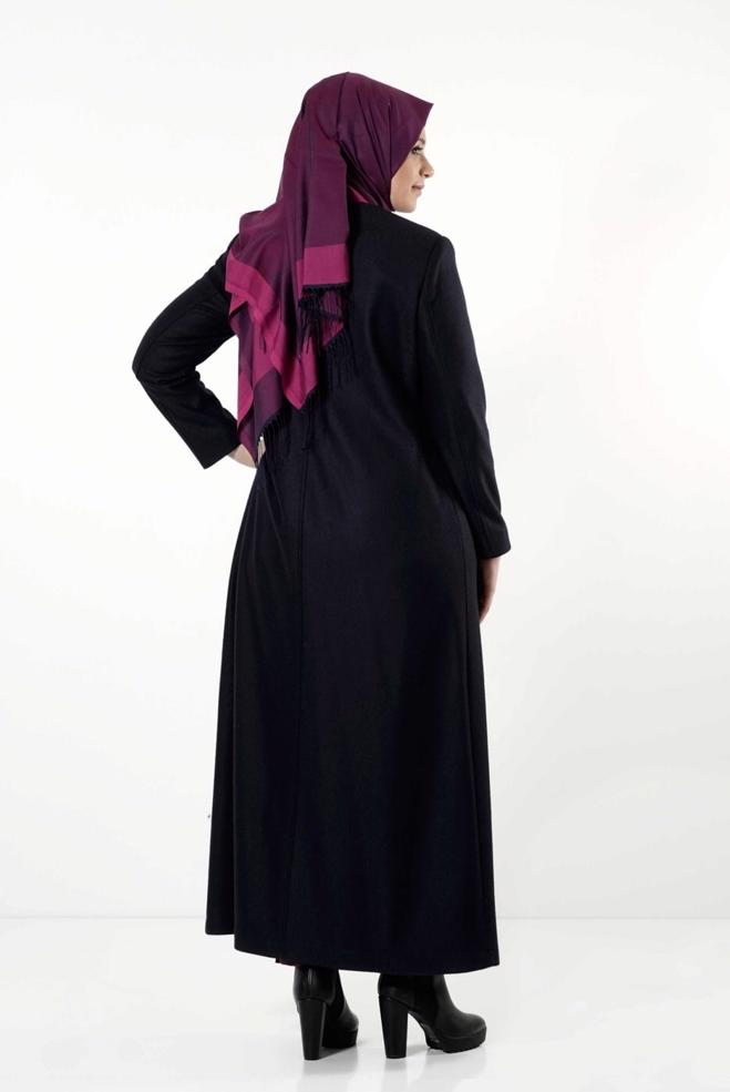 Hijab clothing NAVY BLUE LEATHER DETAIL ZIPPERED COAT 9410  - ALVİNA
