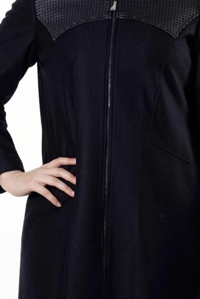 Hijab clothing NAVY BLUE LEATHER DETAIL ZIPPERED COAT 9410  - ALVİNA