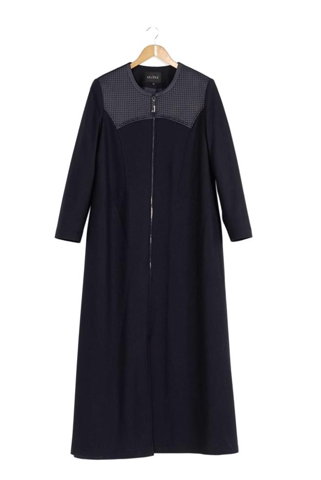 Hijab clothing NAVY BLUE LEATHER DETAIL ZIPPERED COAT 9410  - ALVİNA