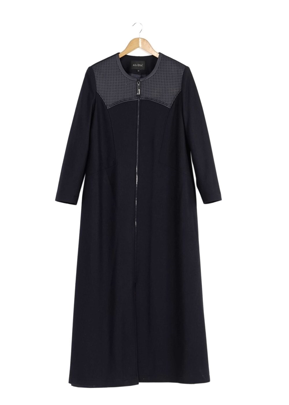 Tesettür giyim LACİVERT DERİ DETAYLI FERMUARLI MANTO 9410 