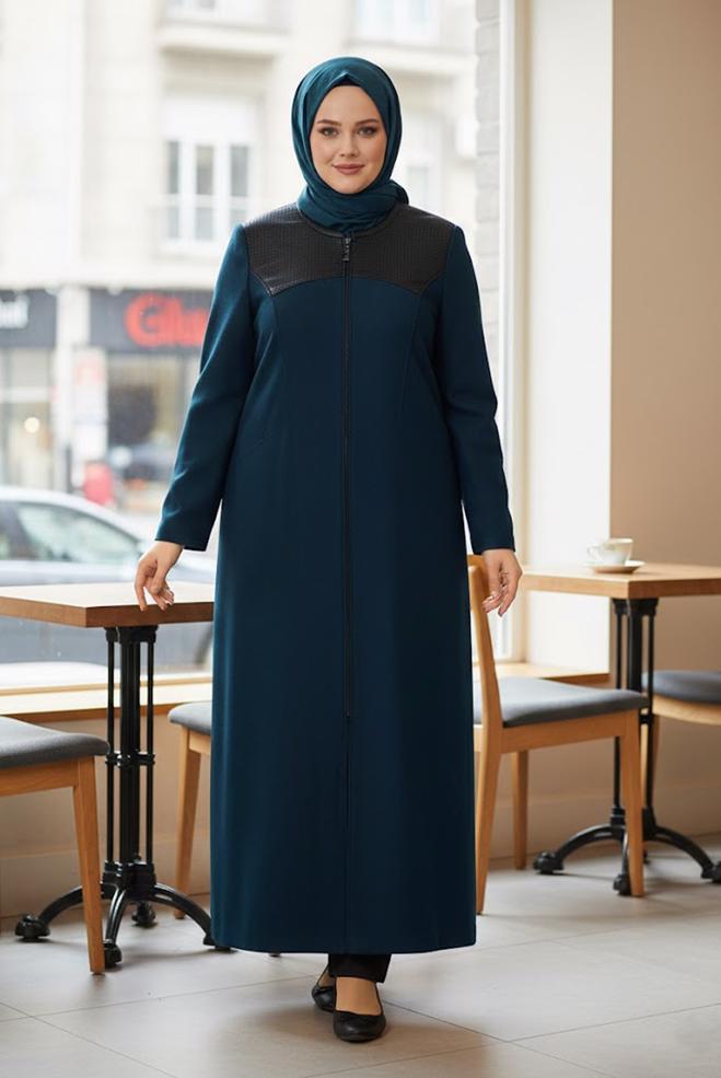 Hijab clothing BLUE LEATHER DETAIL ZIPPERED COAT 9410  - ALVİNA