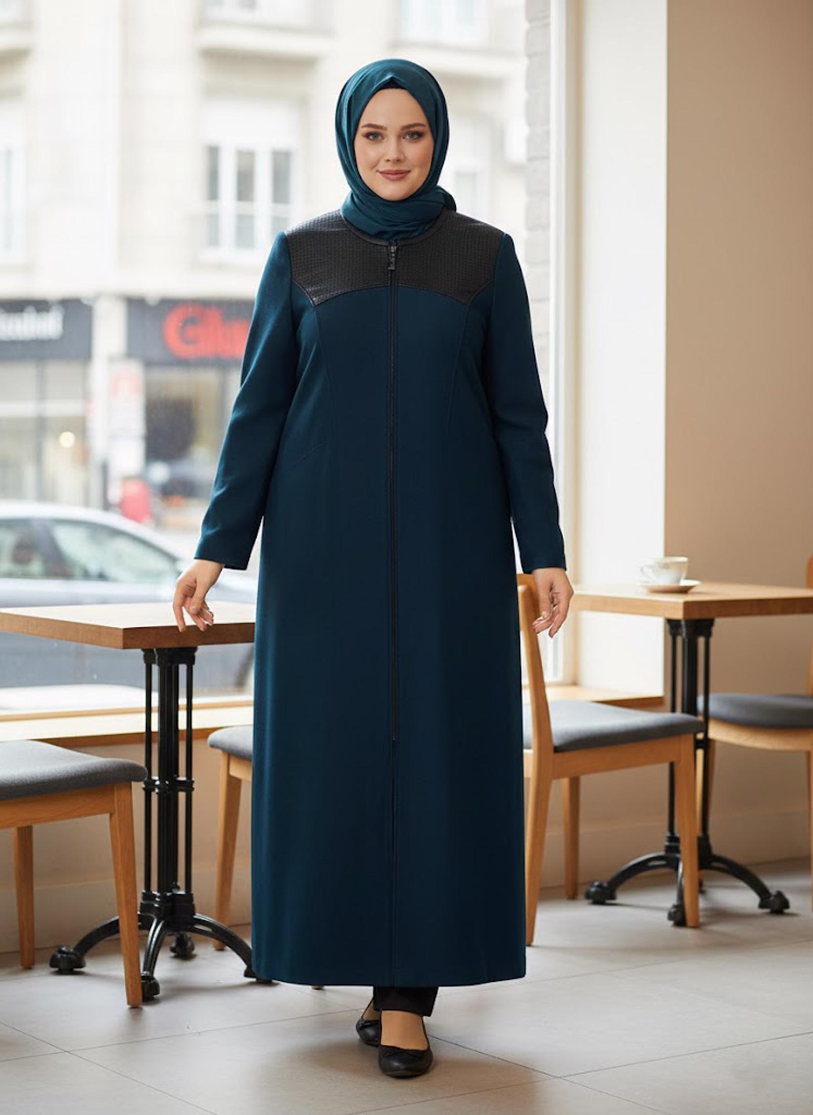 Vêtements hijab BLEU MANTEAU ZIPPÉ AVEC DÉTAILS EN CUIR 9410