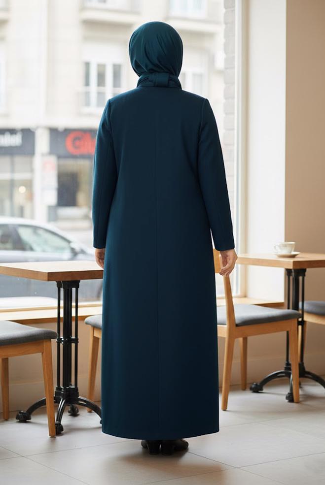 Hijab clothing BLUE LEATHER DETAIL ZIPPERED COAT 9410  - ALVİNA