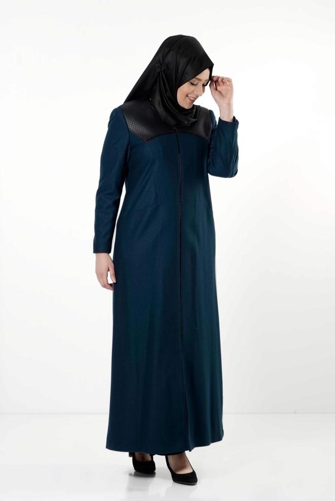 Hijab clothing BLUE LEATHER DETAIL ZIPPERED COAT 9410  - ALVİNA