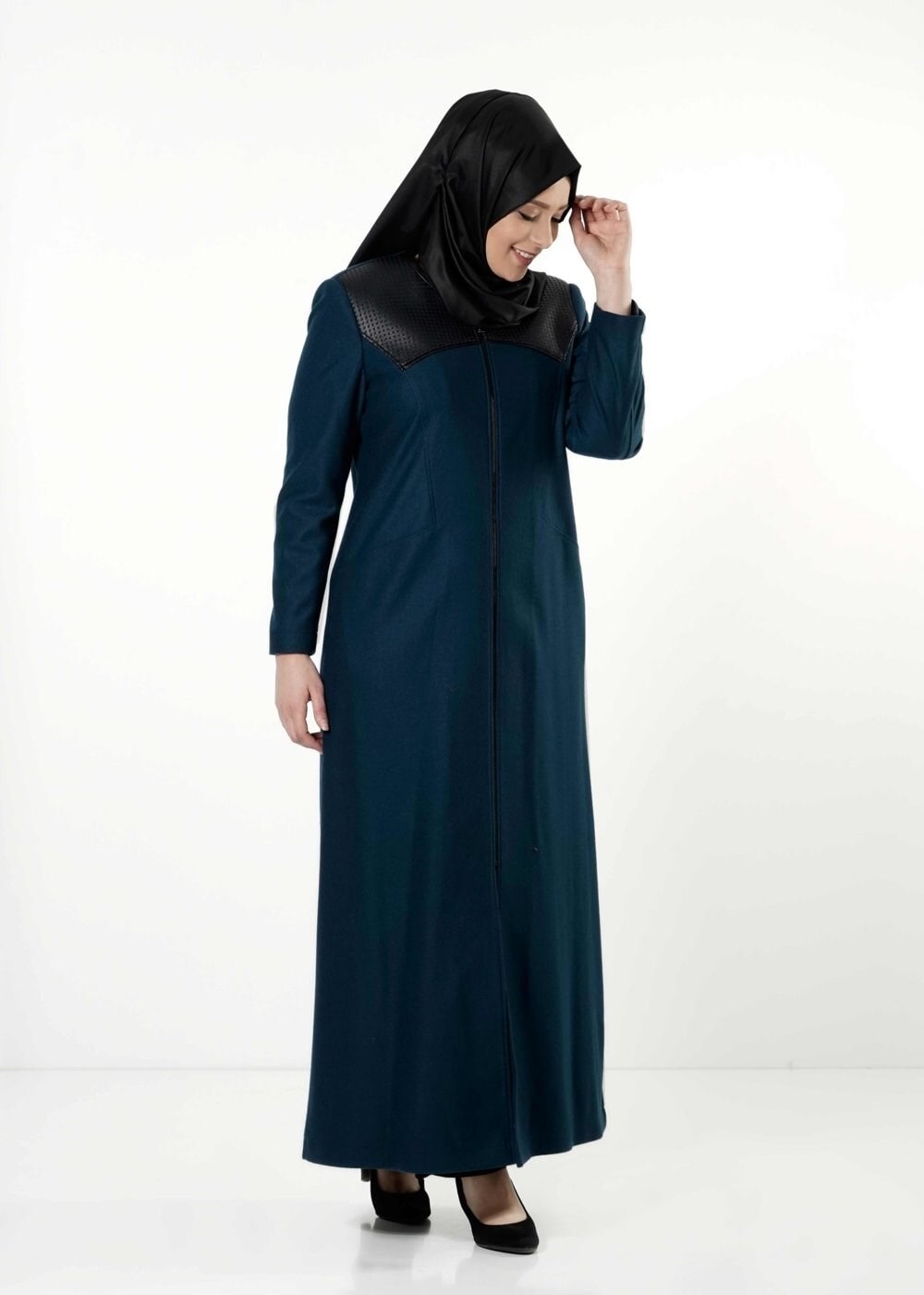 Vêtements hijab BLEU MANTEAU ZIPPÉ AVEC DÉTAILS EN CUIR 9410