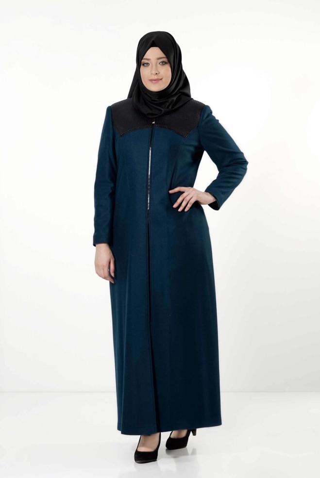 Hijab clothing BLUE LEATHER DETAIL ZIPPERED COAT 9410  - ALVİNA