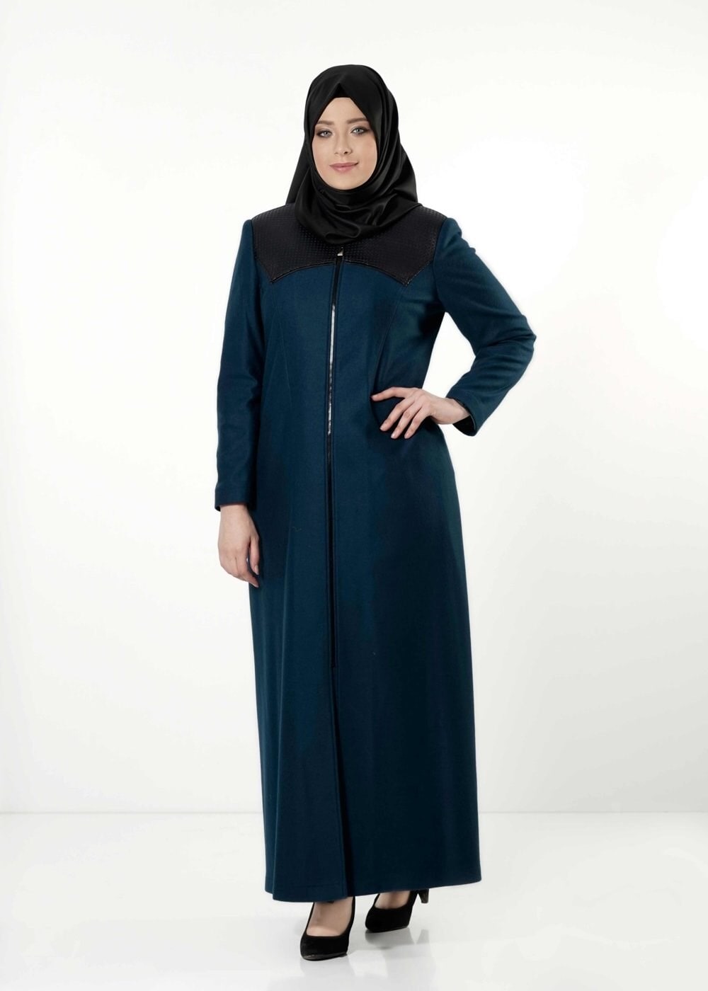 Vêtements hijab BLEU MANTEAU ZIPPÉ AVEC DÉTAILS EN CUIR 9410