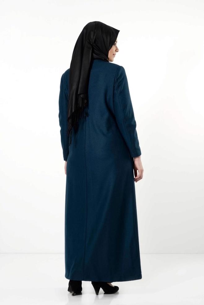 Hijab clothing BLUE LEATHER DETAIL ZIPPERED COAT 9410  - ALVİNA