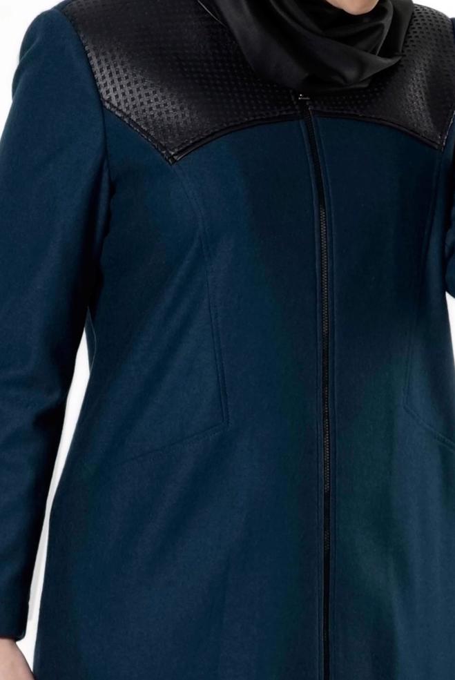 Hijab clothing BLUE LEATHER DETAIL ZIPPERED COAT 9410  - ALVİNA