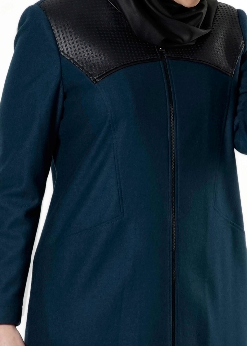Vêtements hijab BLEU MANTEAU ZIPPÉ AVEC DÉTAILS EN CUIR 9410