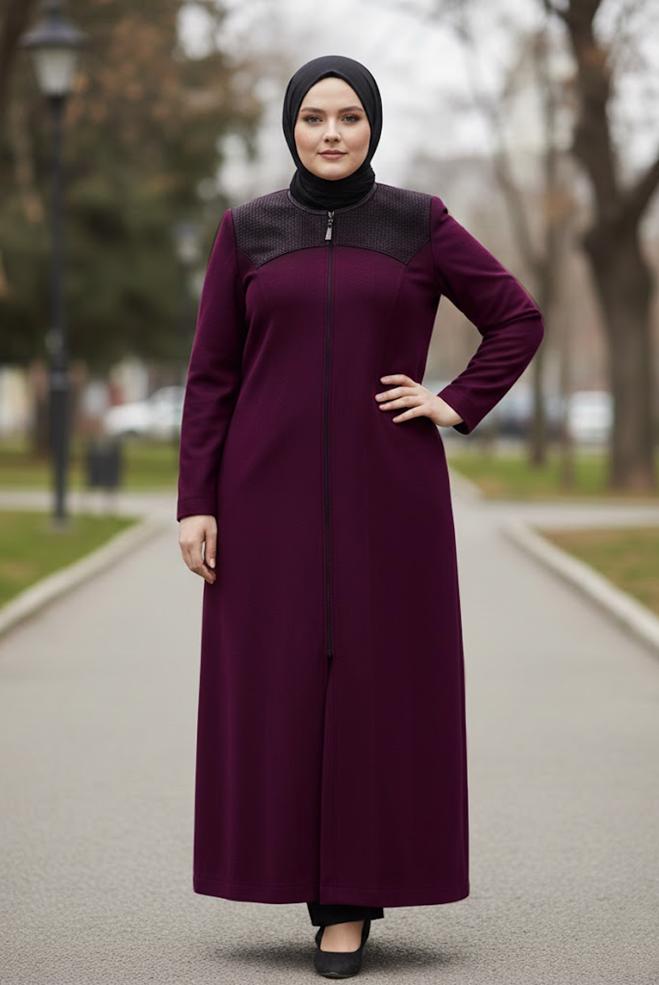 Hijab clothing CLARET RED LEATHER DETAIL ZIPPERED COAT 9410  - ALVİNA