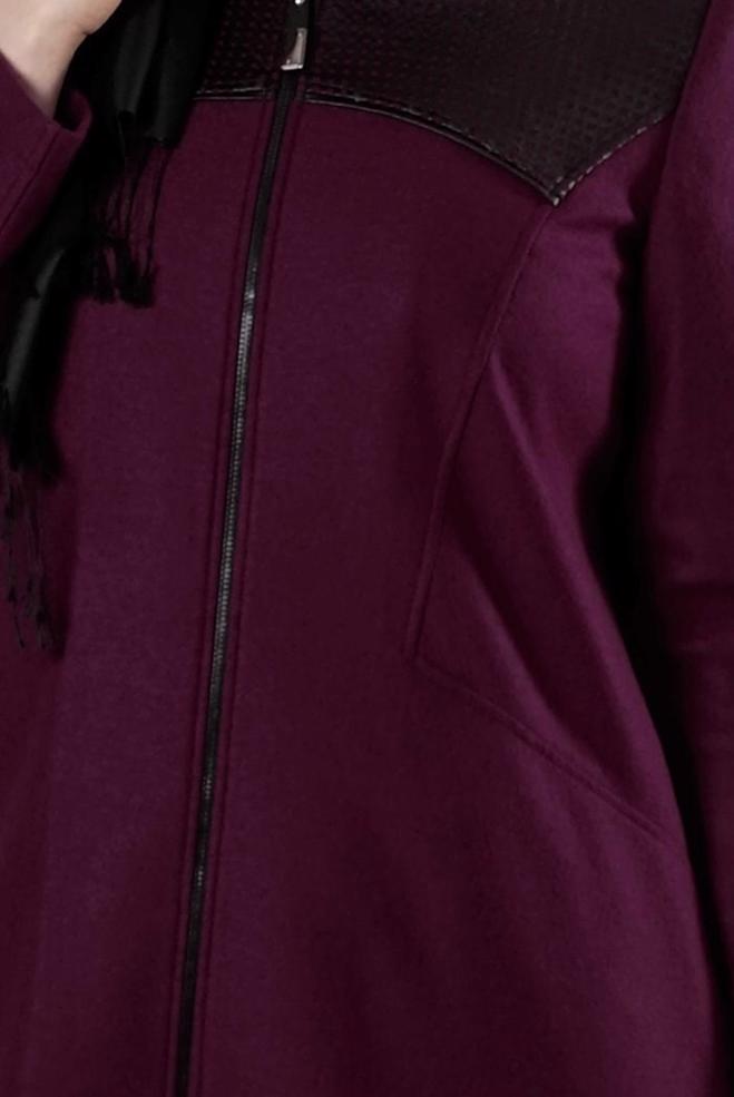 Hijab clothing CLARET RED LEATHER DETAIL ZIPPERED COAT 9410  - ALVİNA