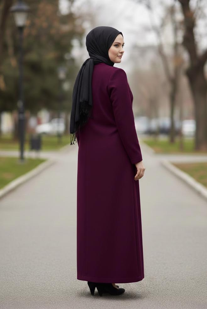 Hijab clothing CLARET RED LEATHER DETAIL ZIPPERED COAT 9410  - ALVİNA
