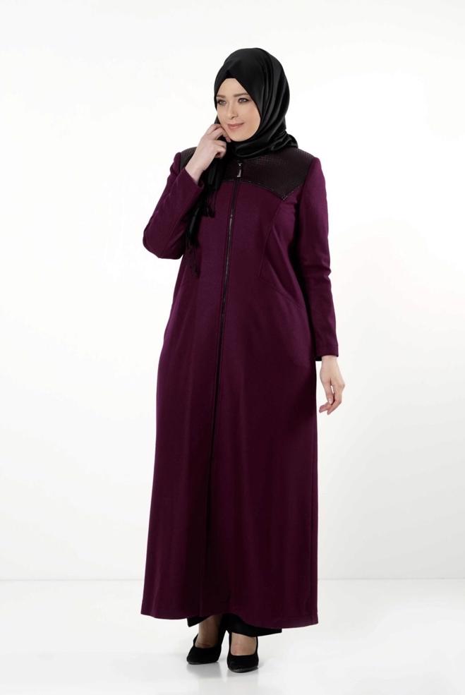 Hijab clothing CLARET RED LEATHER DETAIL ZIPPERED COAT 9410  - ALVİNA