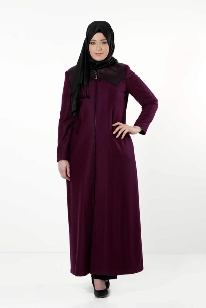 Hijab clothing CLARET RED LEATHER DETAIL ZIPPERED COAT 9410  - ALVİNA