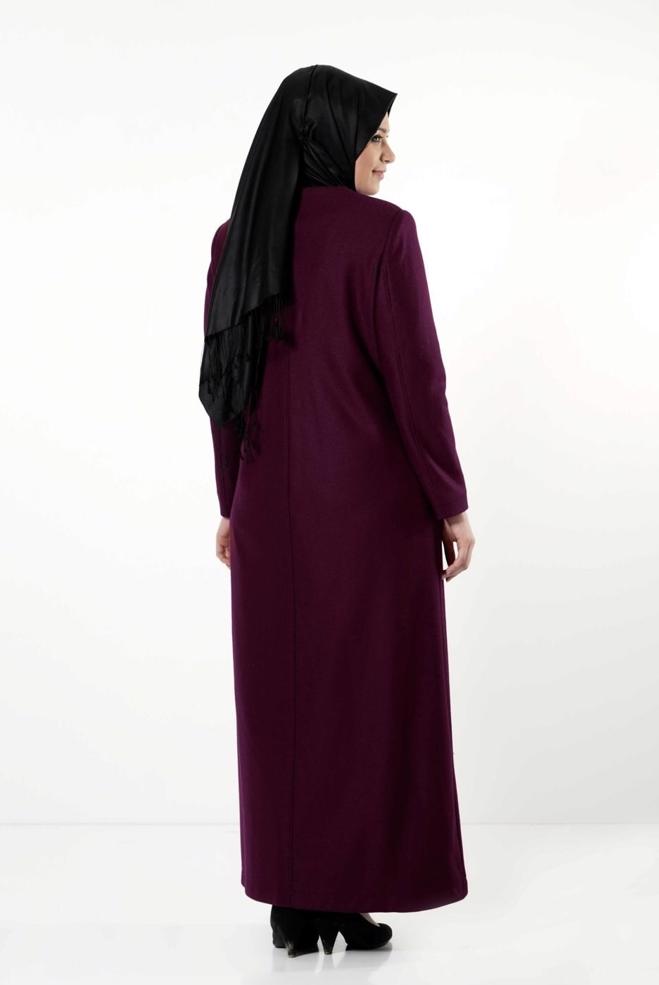 Hijab clothing CLARET RED LEATHER DETAIL ZIPPERED COAT 9410  - ALVİNA