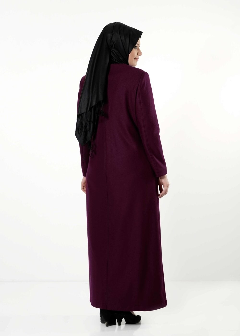 Tesettür giyim BORDO DERİ DETAYLI FERMUARLI MANTO 9410 