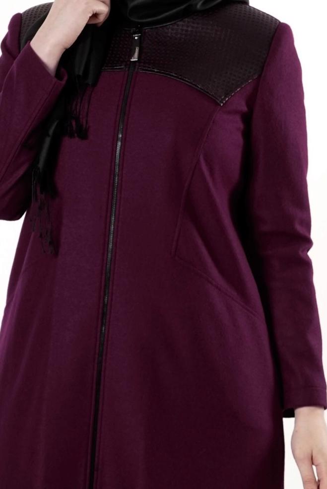 Hijab clothing CLARET RED LEATHER DETAIL ZIPPERED COAT 9410  - ALVİNA