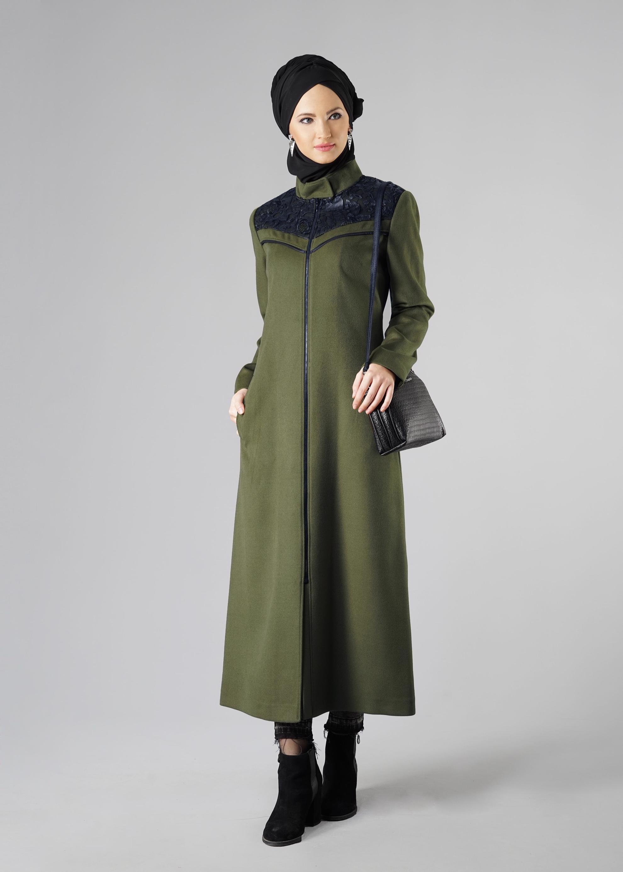 Tesettür giyim YEŞİL GÜPÜR DETAYLI MANTO 9431 