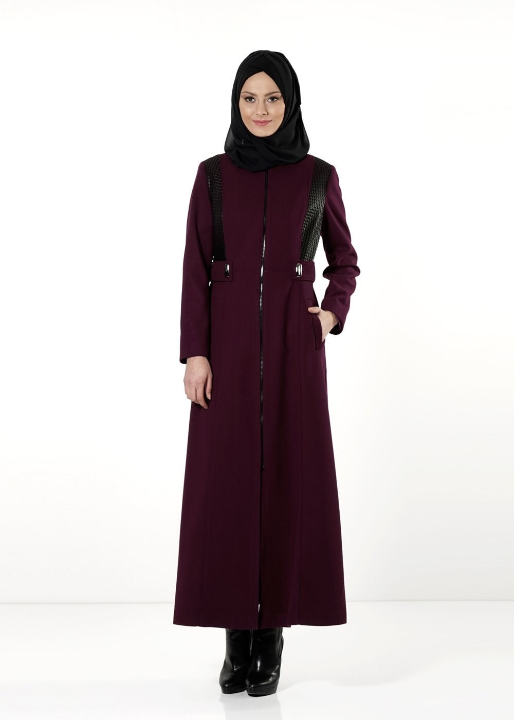 Tesettür giyim BORDO FERMUARLI MANTO 9442 