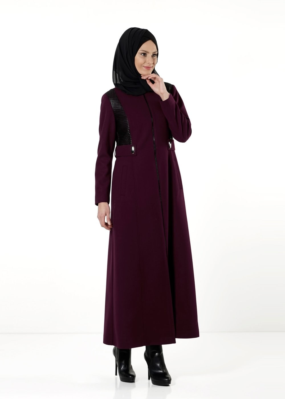 Tesettür giyim BORDO FERMUARLI MANTO 9442 
