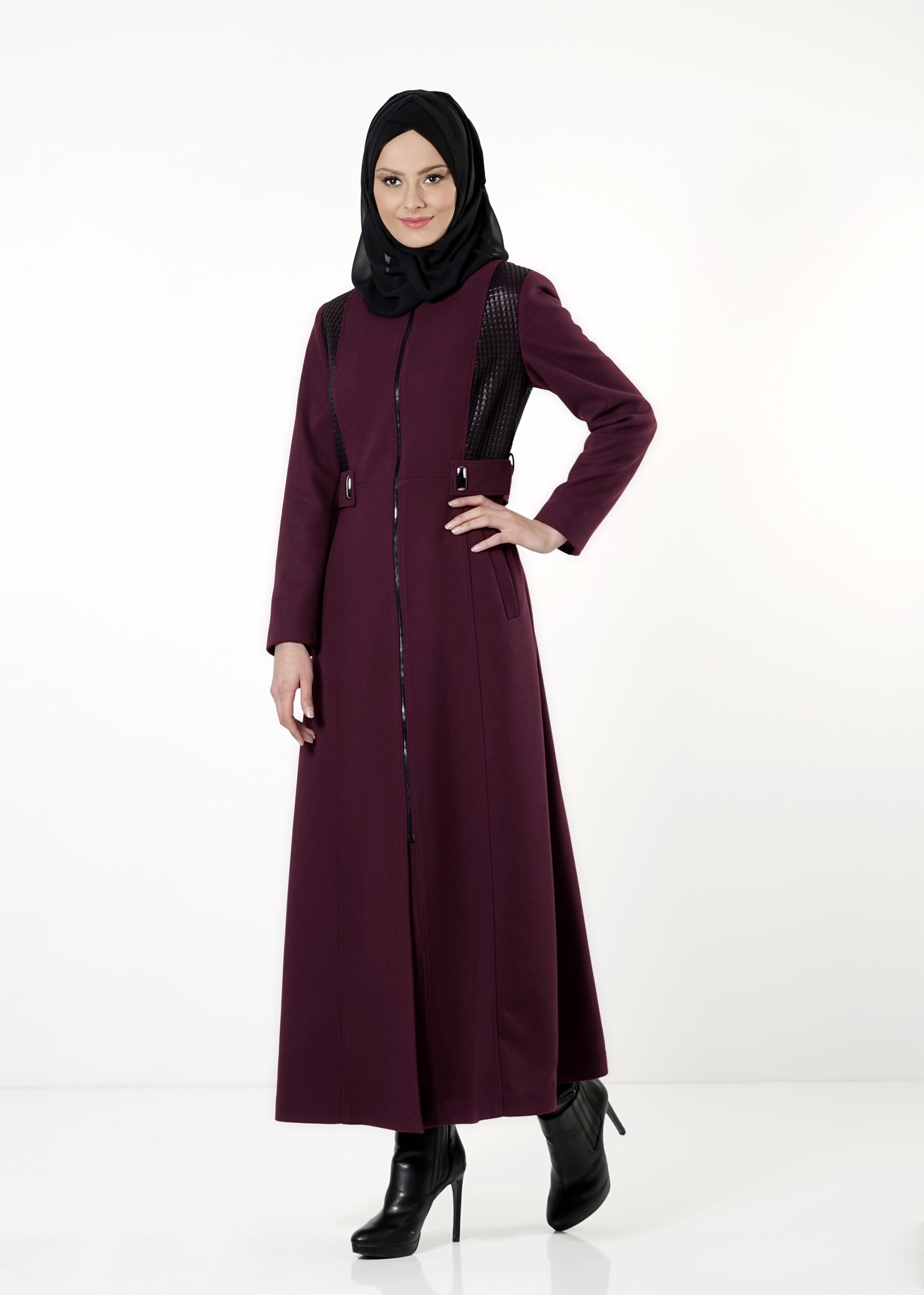 Tesettür giyim MÜRDÜM FERMUARLI MANTO 9442 