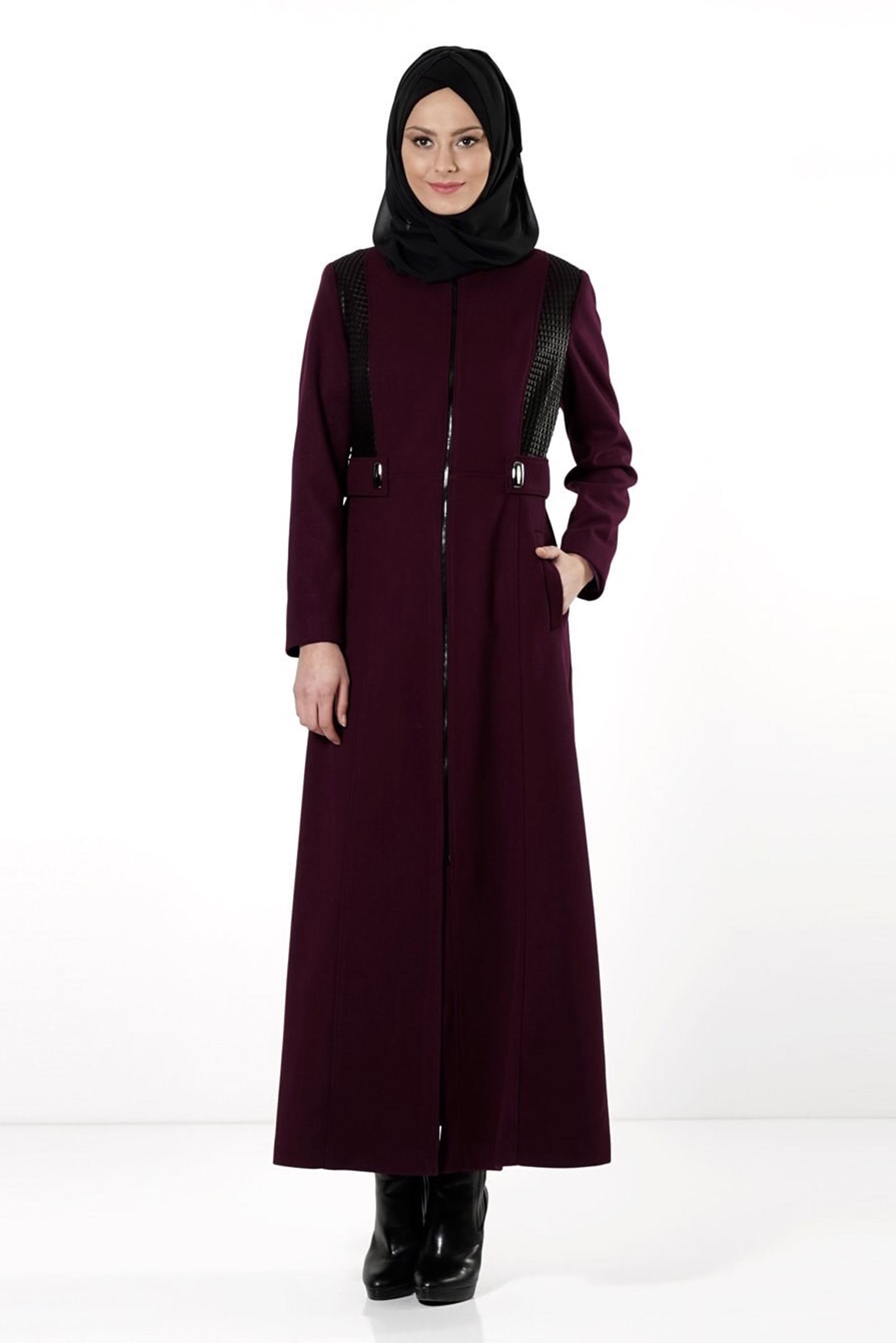 Tesettür giyim BORDO FERMUARLI MANTO 9442 