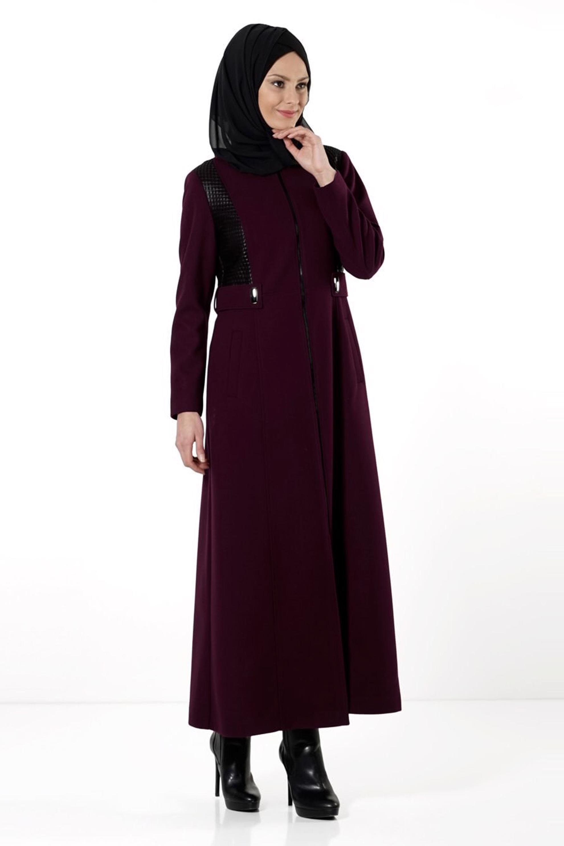 Tesettür giyim BORDO FERMUARLI MANTO 9442 