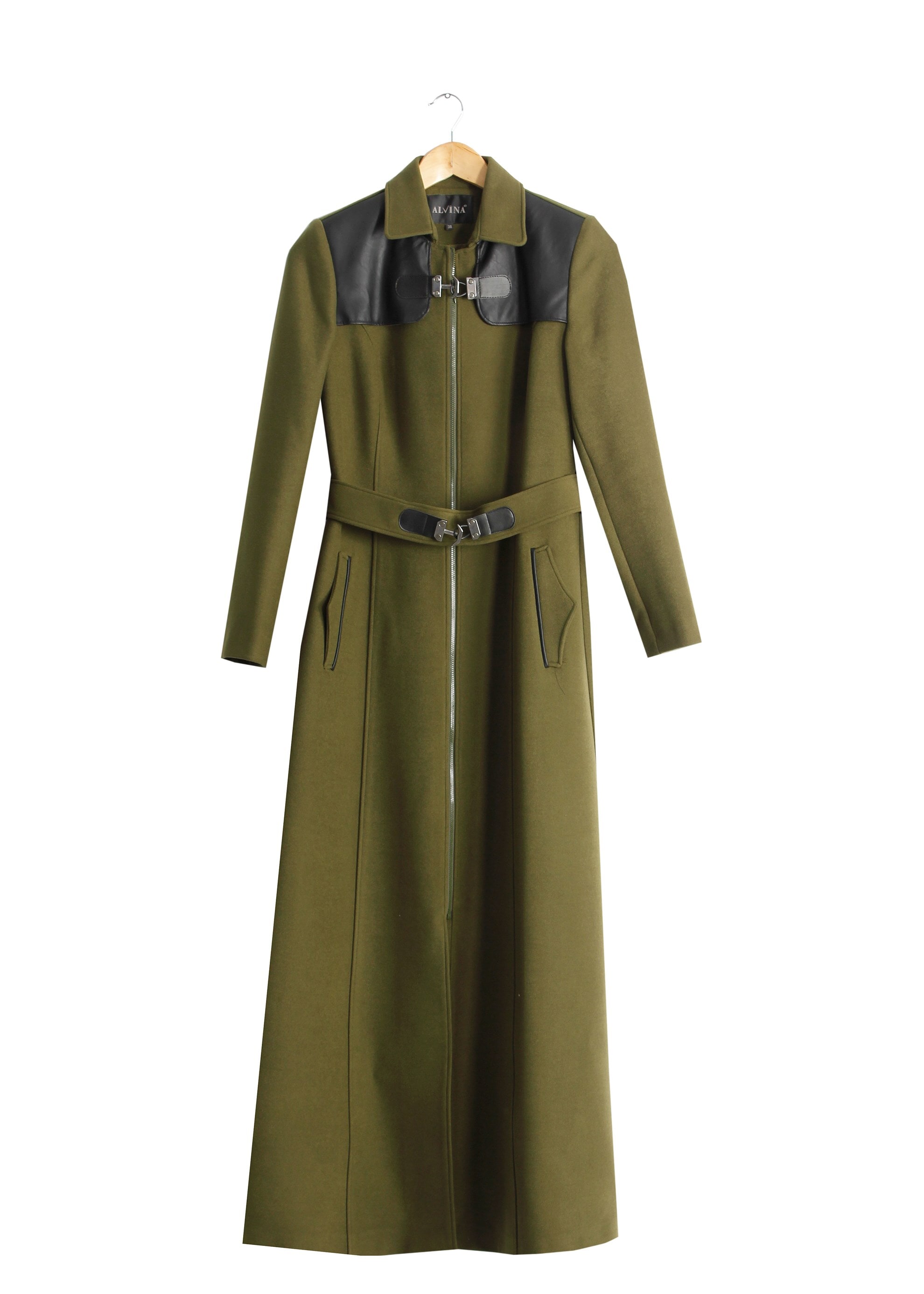 Tesettür giyim YEŞİL DERİ DETAYLI FERMUARLI MANTO 9444 