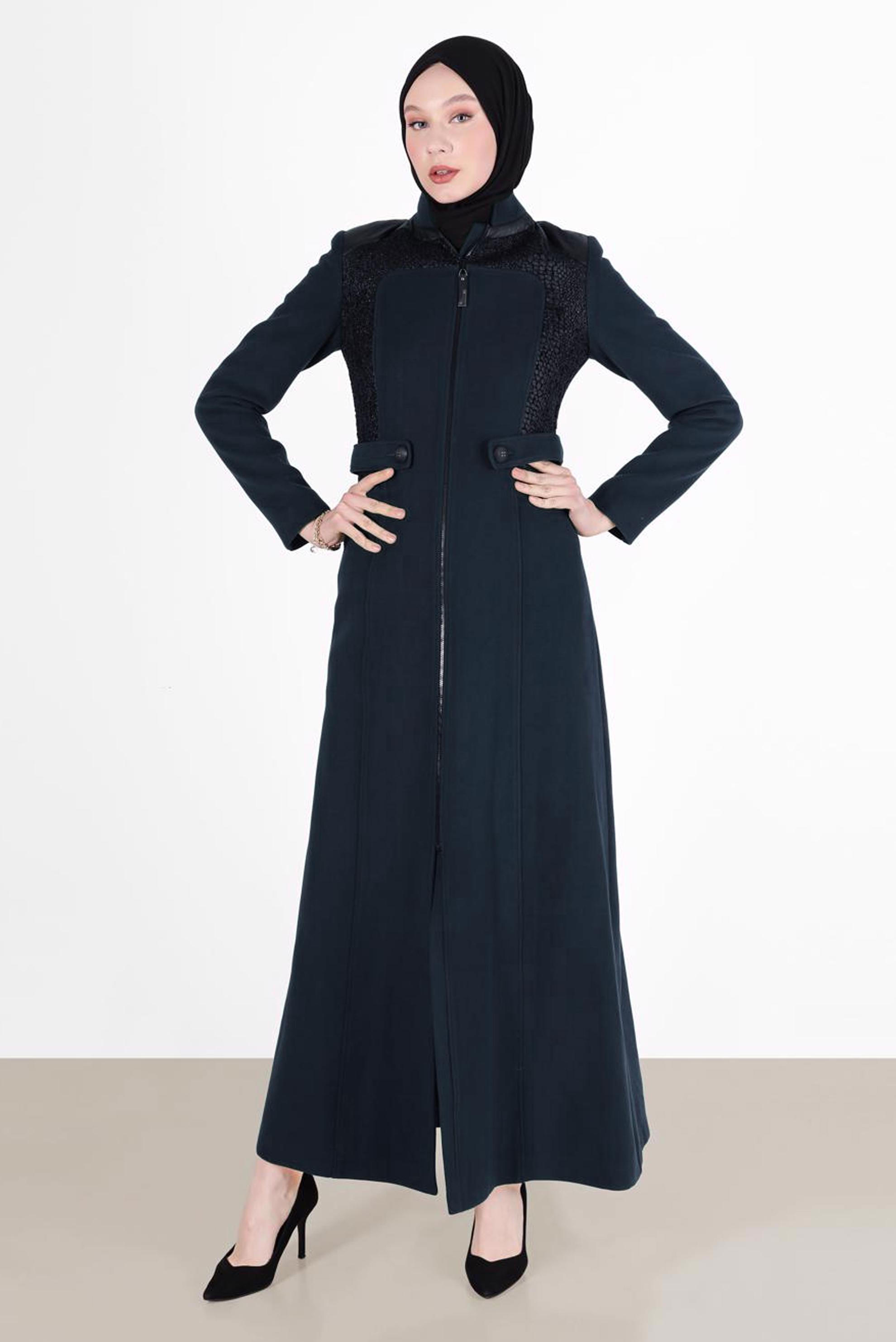 Tesettür giyim LACİVERT SİM DETAYLI FERMUARLI MANTO 9380-1 
