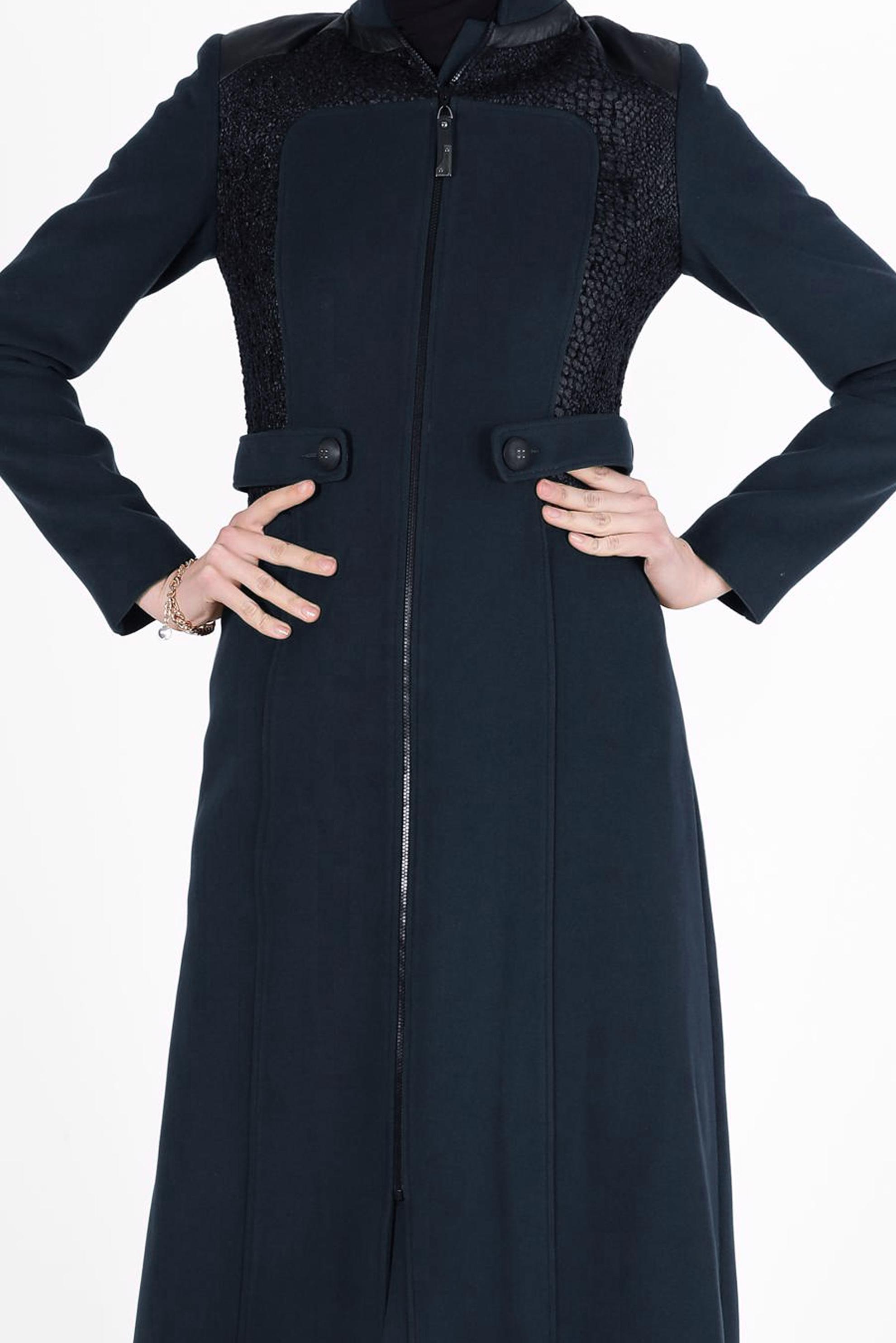 Tesettür giyim LACİVERT SİM DETAYLI FERMUARLI MANTO 9380-1 