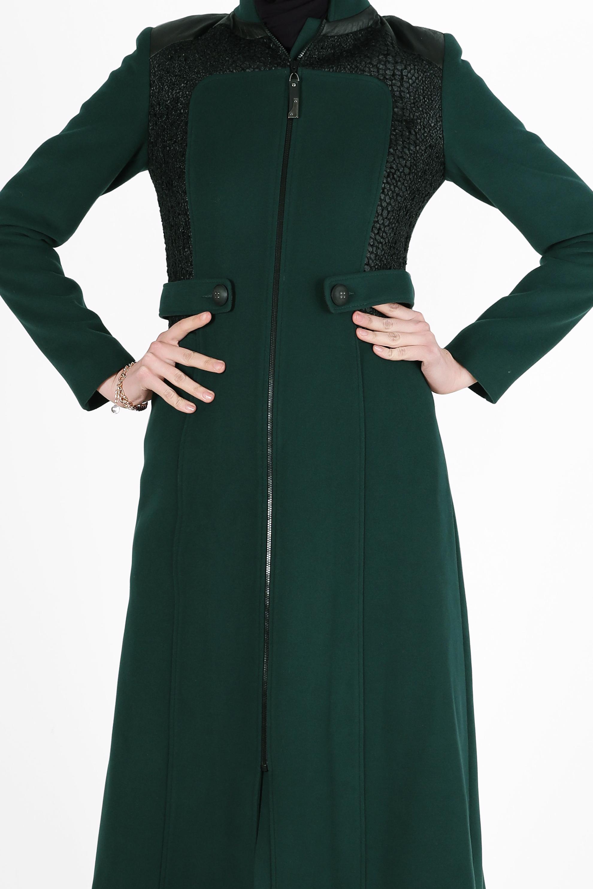 Tesettür giyim YEŞİL SİM DETAYLI FERMUARLI MANTO 9380-1 