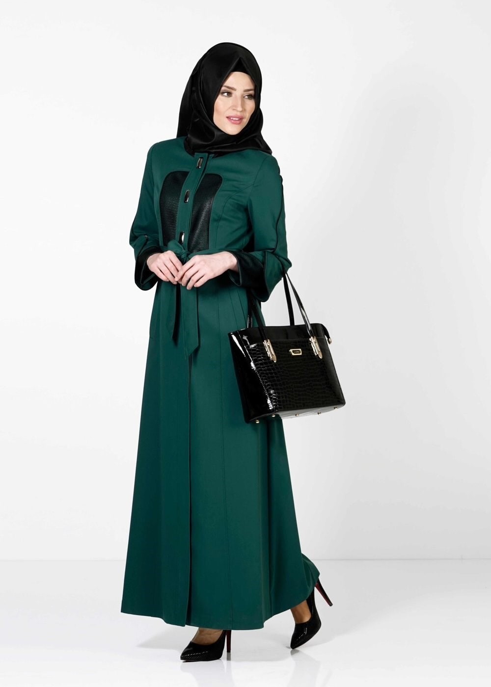 Tesettür giyim YEŞİL KUŞAKLI PARDESÜ 1602 
