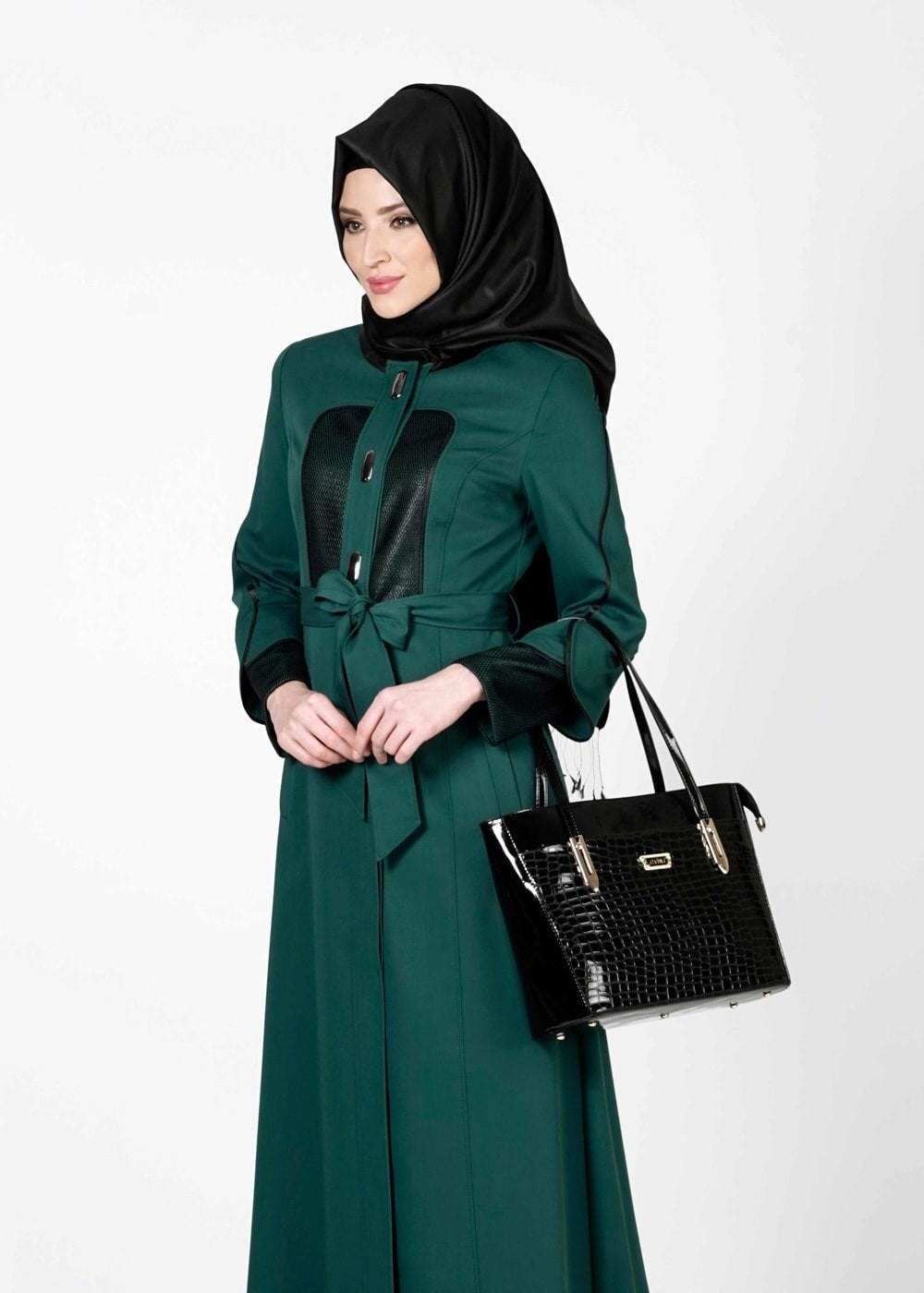 Tesettür giyim YEŞİL KUŞAKLI PARDESÜ 1602 