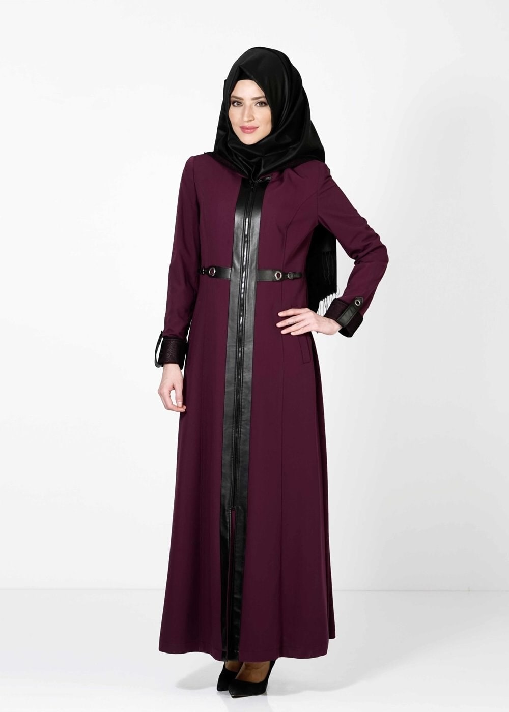 Tesettür giyim MOR KAPÜŞONLU FERMUARLI PARDESÜ 1607 