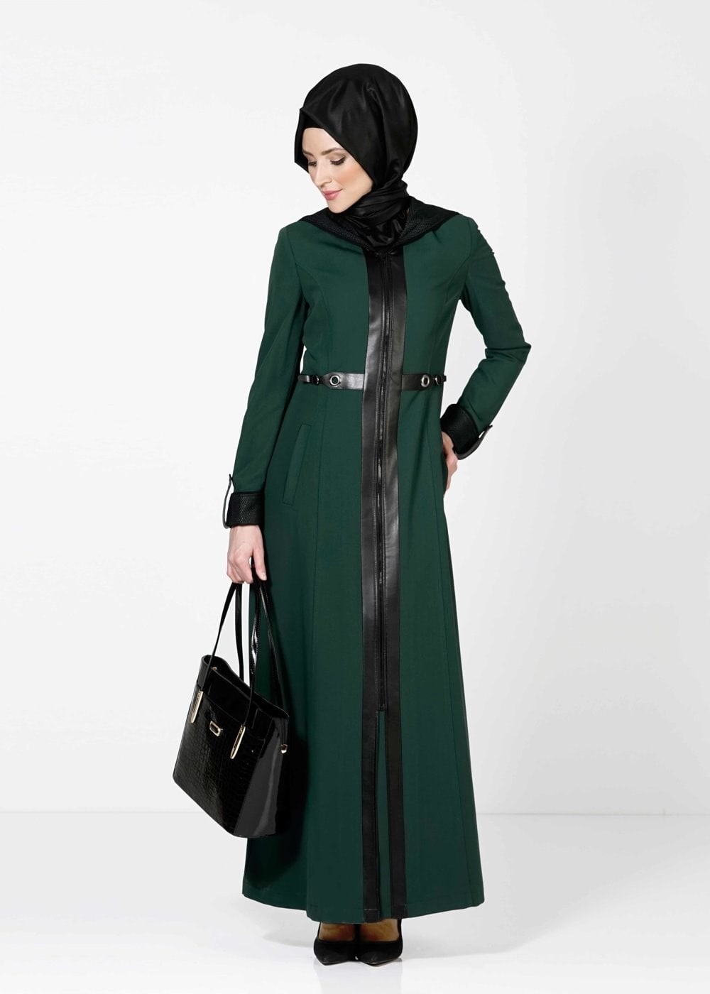 Tesettür giyim YEŞİL KAPÜŞONLU FERMUARLI PARDESÜ 1607 