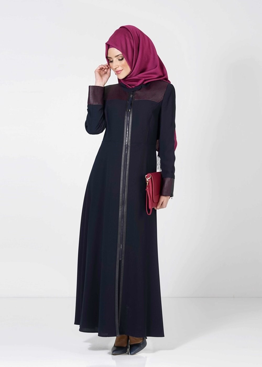 Tesettür giyim LACİVERT KARE DESENLİ FERMUARLI PARDESÜ 1615 