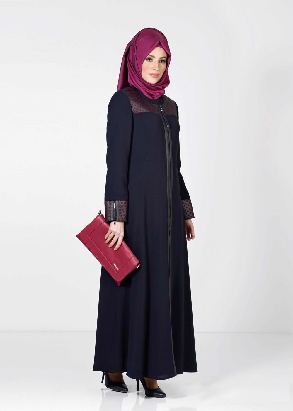 Tesettür giyim LACİVERT KARE DESENLİ FERMUARLI PARDESÜ 1615 