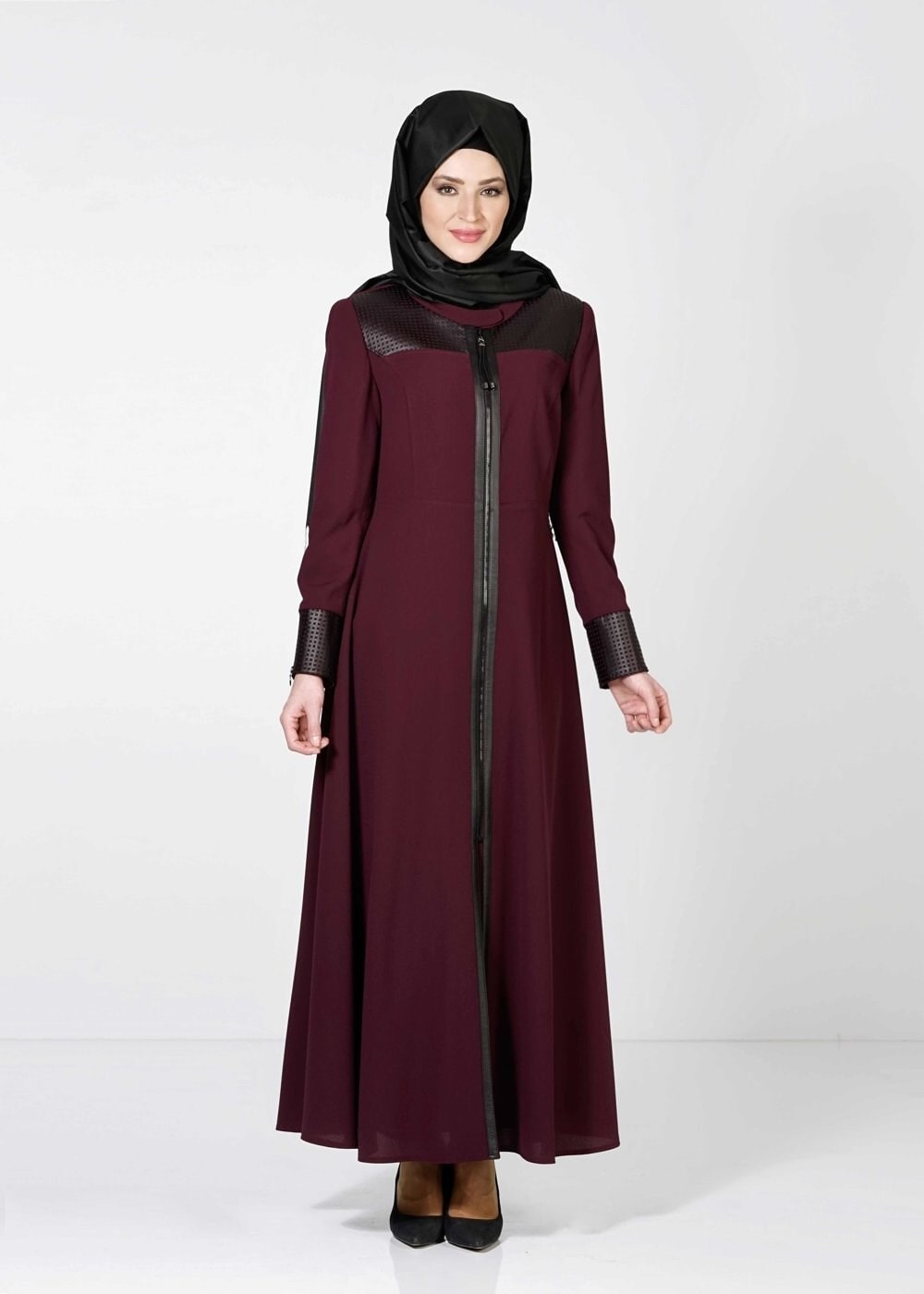 Tesettür giyim MÜRDÜM KARE DESENLİ FERMUARLI PARDESÜ 1615 