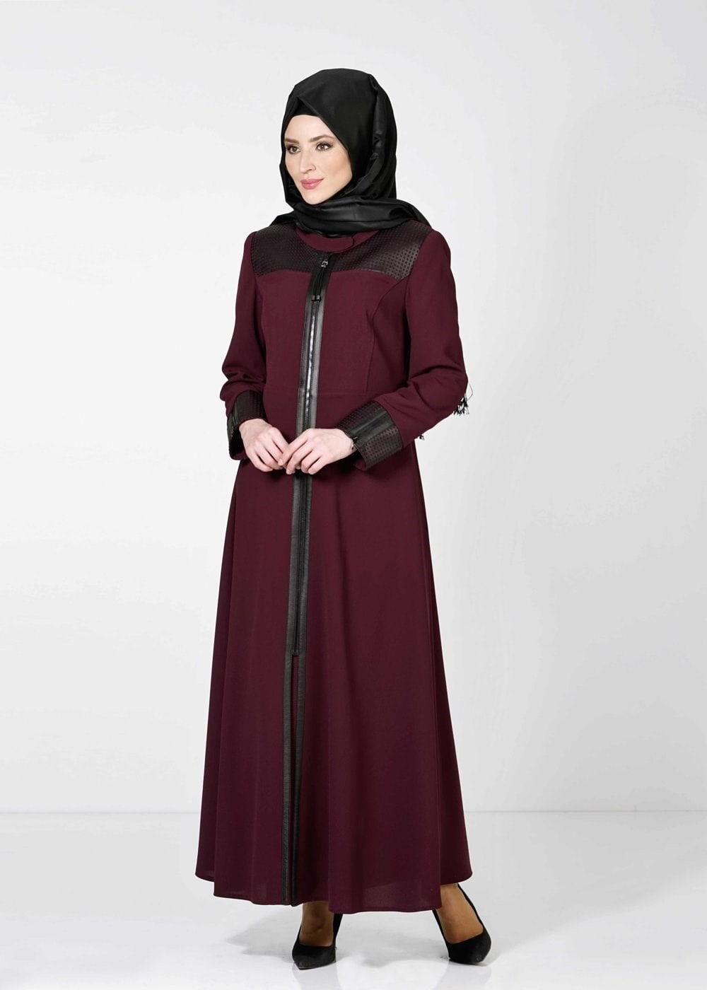 Tesettür giyim MÜRDÜM KARE DESENLİ FERMUARLI PARDESÜ 1615 