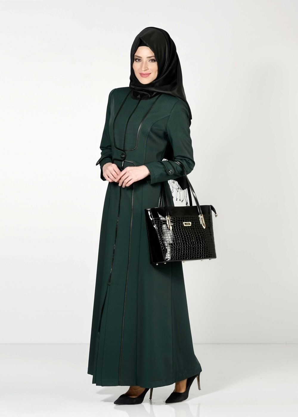 Tesettür giyim YEŞİL FERMUARLI DÜĞME DETAYLI PARDESÜ 1619 