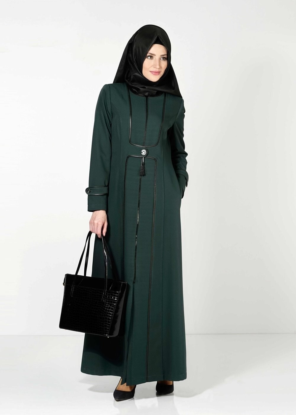 Tesettür giyim YEŞİL FERMUARLI DÜĞME DETAYLI PARDESÜ 1619 