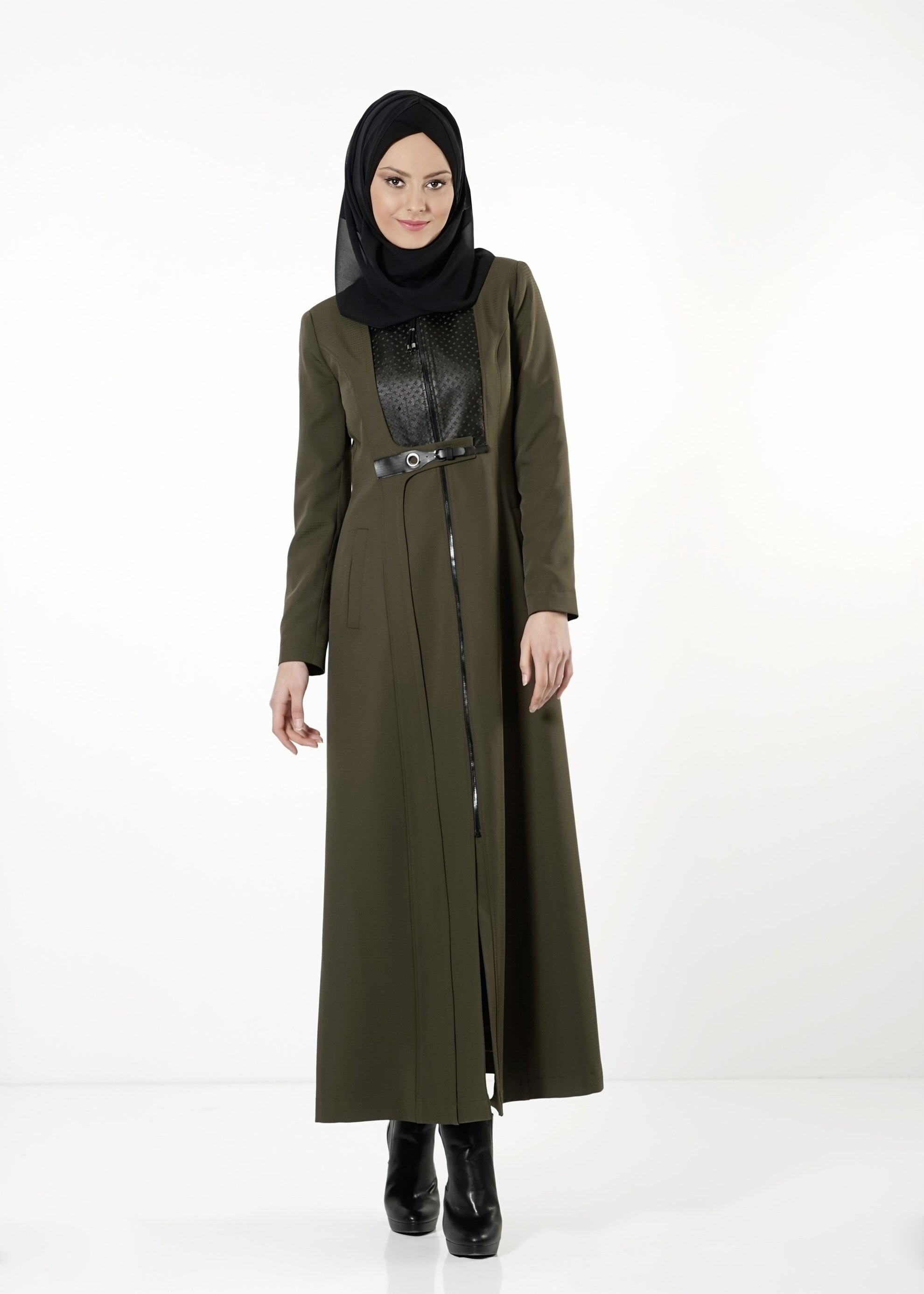 Tesettür giyim YEŞİL FERMUARLI PARDESÜ 1629 