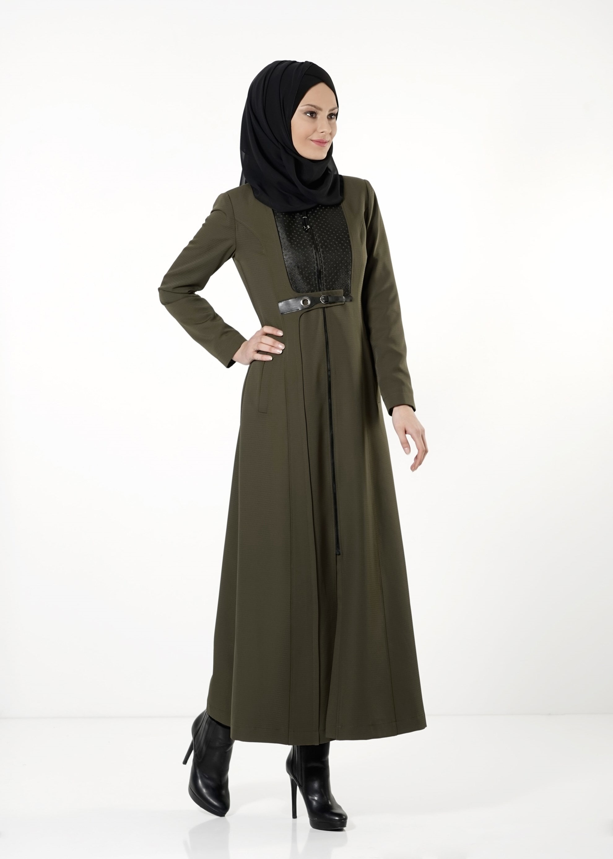 Tesettür giyim YEŞİL FERMUARLI PARDESÜ 1629 