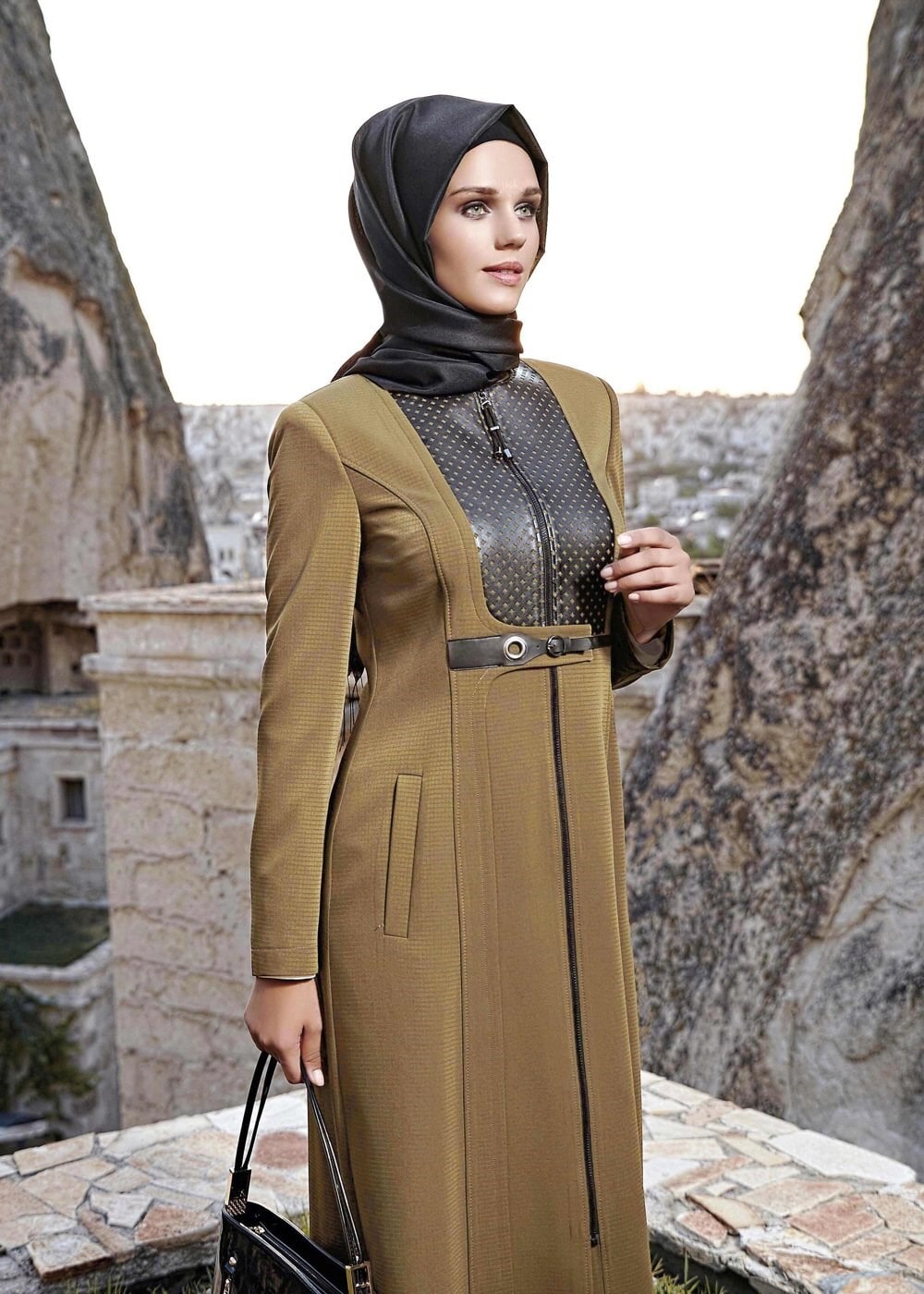 Tesettür giyim KAHVE FERMUARLI PARDESÜ 1629 