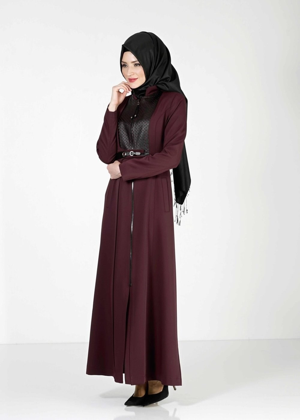 Tesettür giyim BORDO FERMUARLI PARDESÜ 1629 