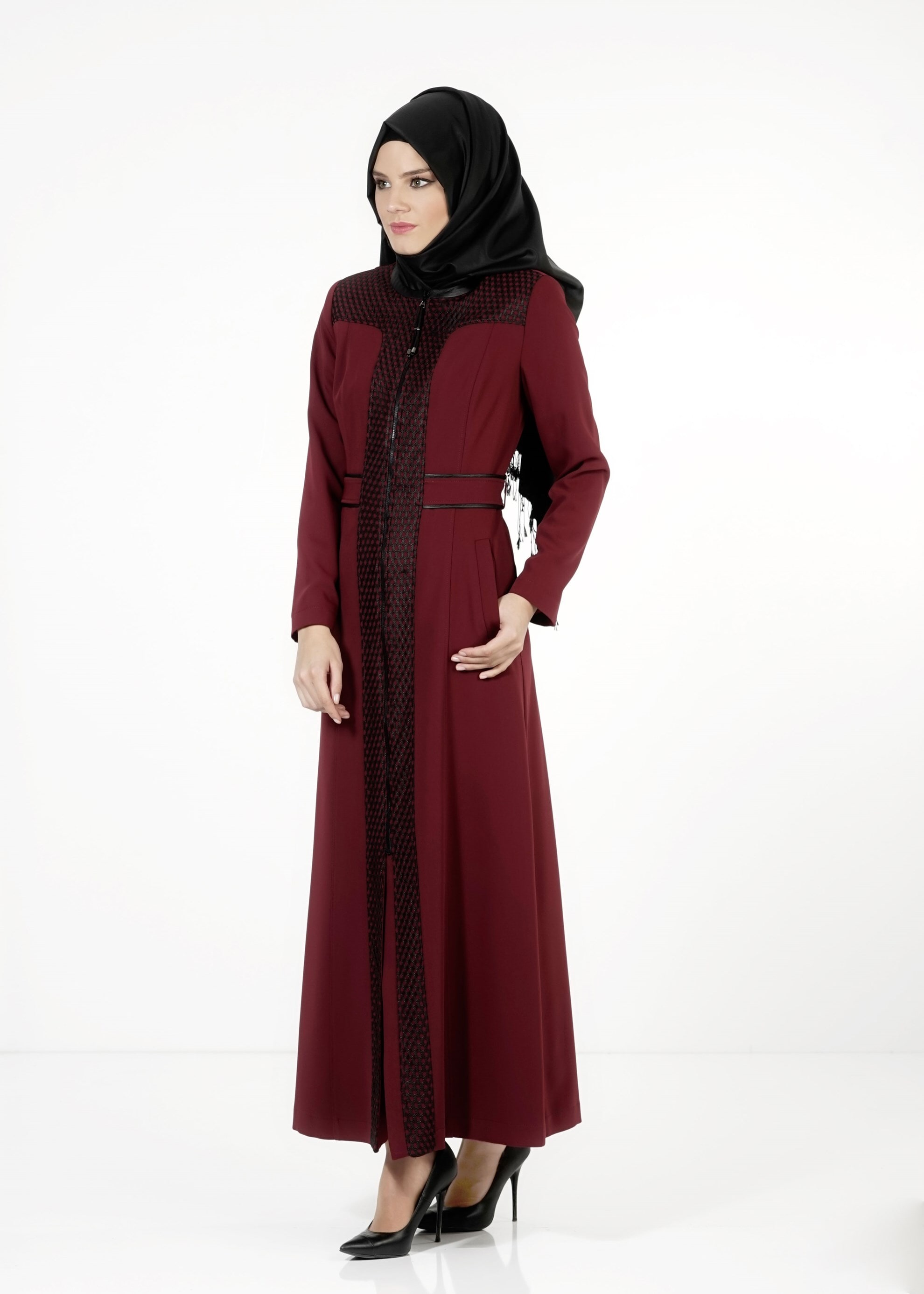 Tesettür giyim BORDO FERMUARLI PARDESÜ 1630 